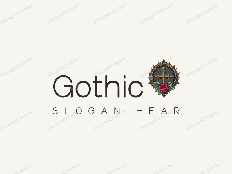 Gothic design features intricate Gothic architecture, stylized Gothic fashion elements, a cross, and a rose flower, combined with a clean background.