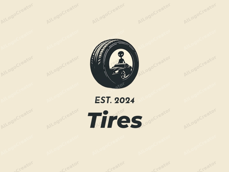 a modern design featuring a stylized tire and car silhouette intertwined with an alien figure, combined with a clean background.