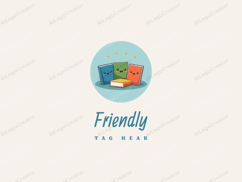 playful design features friendly books and smiling faces, combined with a clean background in blue and green colors.