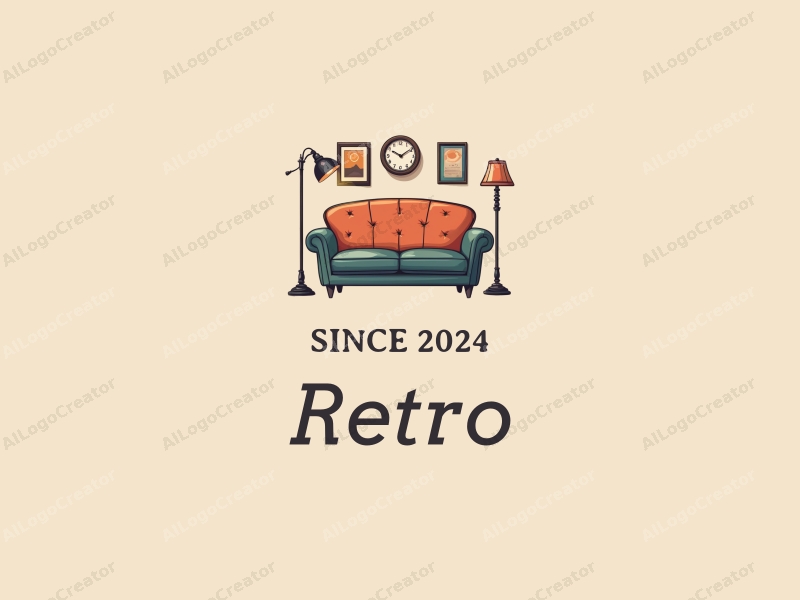 vintage design features a retro sofa, a retro poster, retro lighting fixtures, and a classic clock, combined with a clean background.