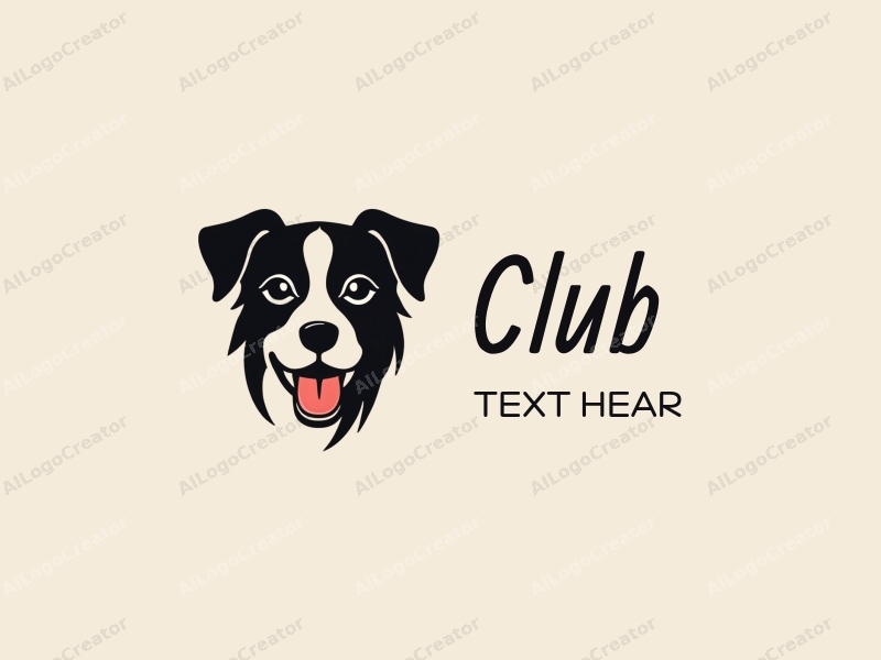 a modern design featuring a stylized dog with expressive features, integrated with club and social elements, using a black color palette, combined with a clean and simple background.