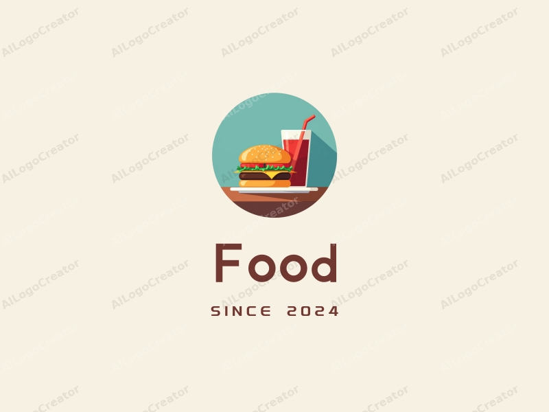 a modern design featuring a colorful plate with a stylized hamburger and a refreshing cold drink, combined with a clean background and a harmonious layout.