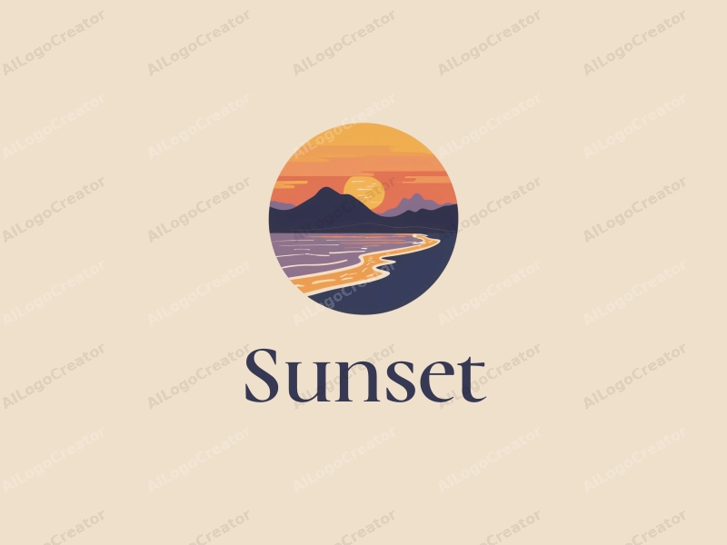 vintage design features a stylized sunset over a beach with mountains in the background, using a harmonious blend of orange and purple colors, combined with a clean and simple layout.