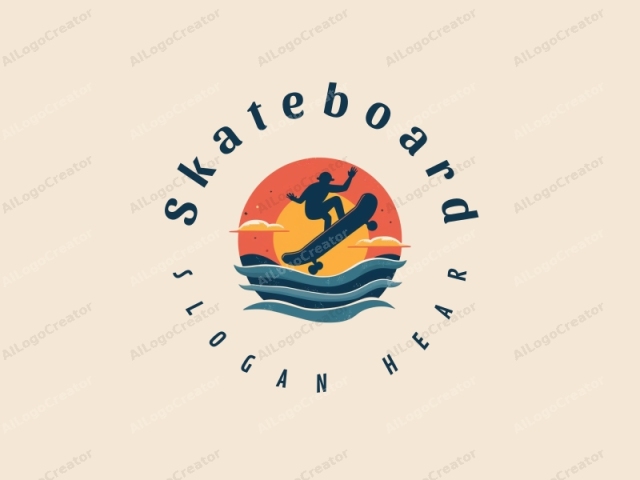 Spaßiges Design mit einer lebendigen Skateboard-Silhouette, einem stilisierten Sonnenuntergang und einer dynamischen Komposition, kombiniert mit einem sauberen Hintergrund.