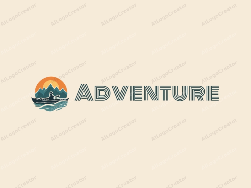 playful design features stylized mountains, a kayak silhouette, and adventurous elements combined with a clean background.