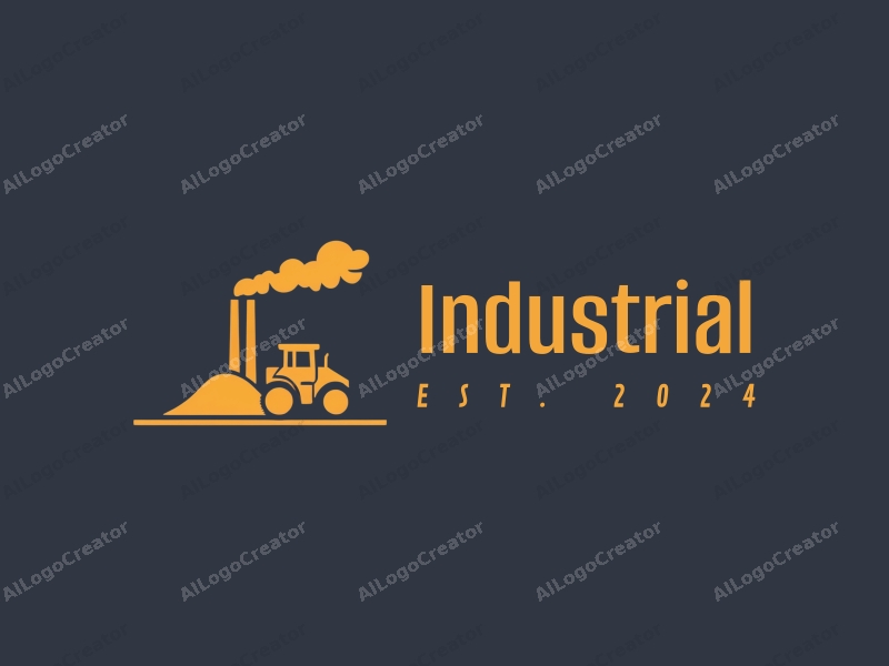 a modern minimalist design featuring a stylized factory silhouette, abstract machinery elements, and a representation of a mine, combined with a clean background.