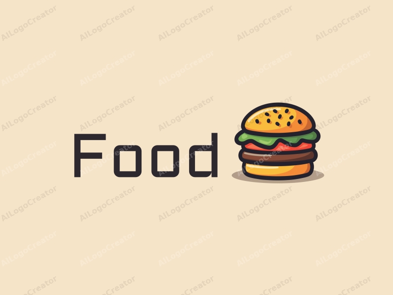 a modern design featuring a stylized burger and fries, with vibrant colors and a clean background, emphasizing the deliciousness of the food in a harmonious and simple composition.