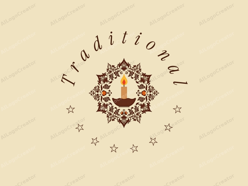 vintage design features traditional elements like a stylized candle surrounded by intricate floral patterns, using a warm brown and beige color palette, combined with a clean and harmonious background.