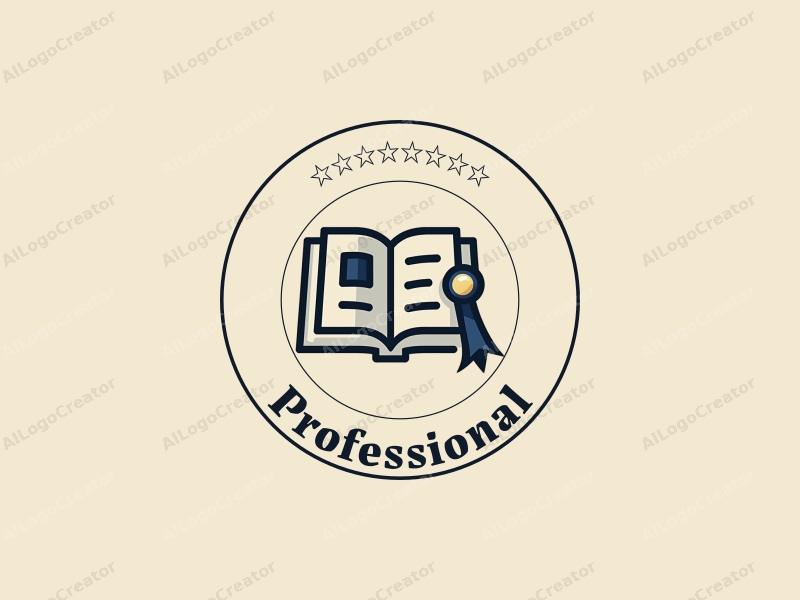 modern design features a stylized book and a badge, incorporating professional and certification elements, combined with a clean background.