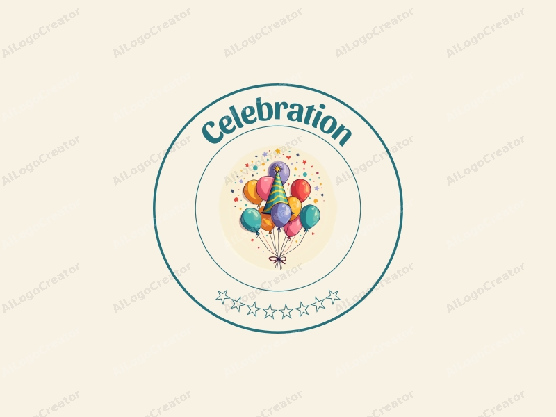 playful design features colorful balloons and party hats, combined with a festive atmosphere, using gold and rainbow colors against a clean background.