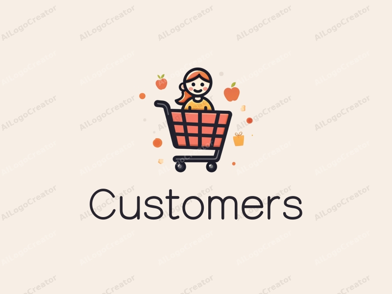 modern design features a stylized shopping cart and a smiling customer, combined with a clean background and a focus on retail elements.