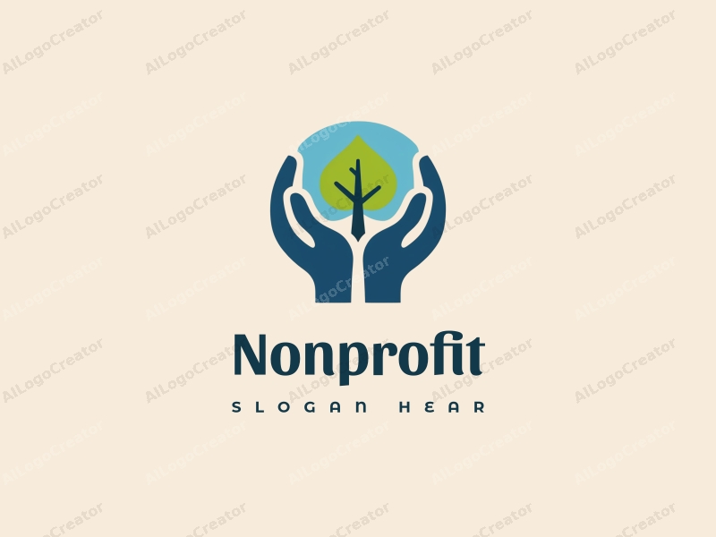 modern design features stylized hands and trees symbolizing charity and volunteerism, combined with a clean background in blue and green tones.