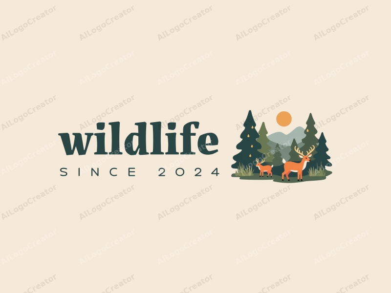 playful design features stylized trees and deer in a natural landscape, incorporating wildlife elements with a clean background and harmonious composition.