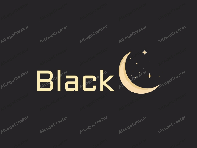 minimalist design features a simple silhouette of a crescent moon and scattered stars against a black background, creating a serene and elegant atmosphere.