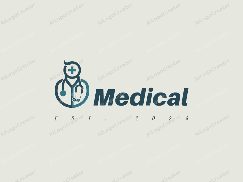 modern design features a stylized hospital silhouette, a doctor figure, a stethoscope intertwined with a cross, combined with a clean background.