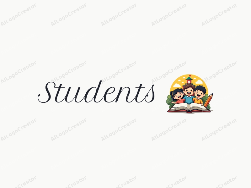 playful design features cheerful students, a stylized school building, open books, and pencils arranged harmoniously with a vibrant background.