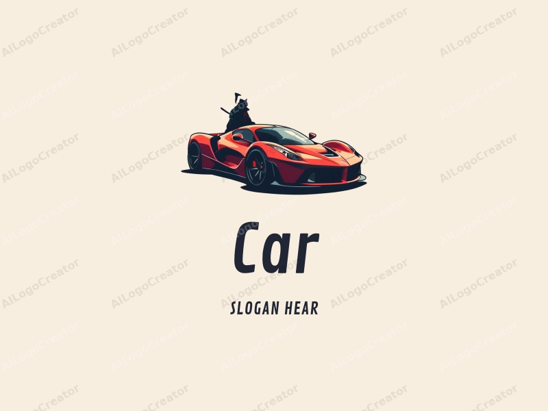 a modern design featuring a sleek sports car silhouette intertwined with a samurai figure, utilizing a minimalist approach combined with a clean background.