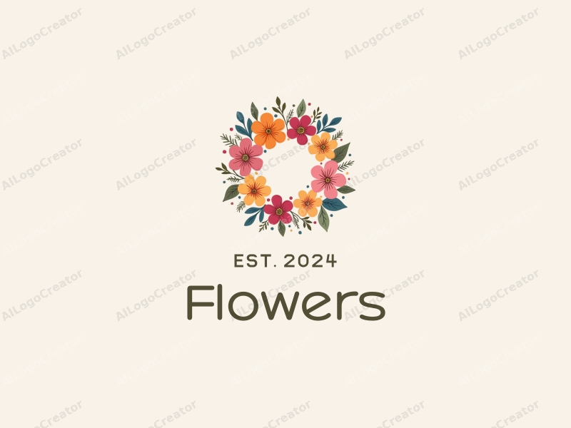 playful design features vibrant flowers and petals arranged in a circular wreath, complemented by playful leaves, all set against a clean background.