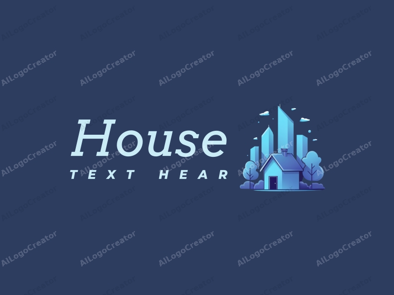 modern design features a stylized house and building silhouette, integrated with gaming and network elements, using a clean blue color palette for a harmonious and simple composition.