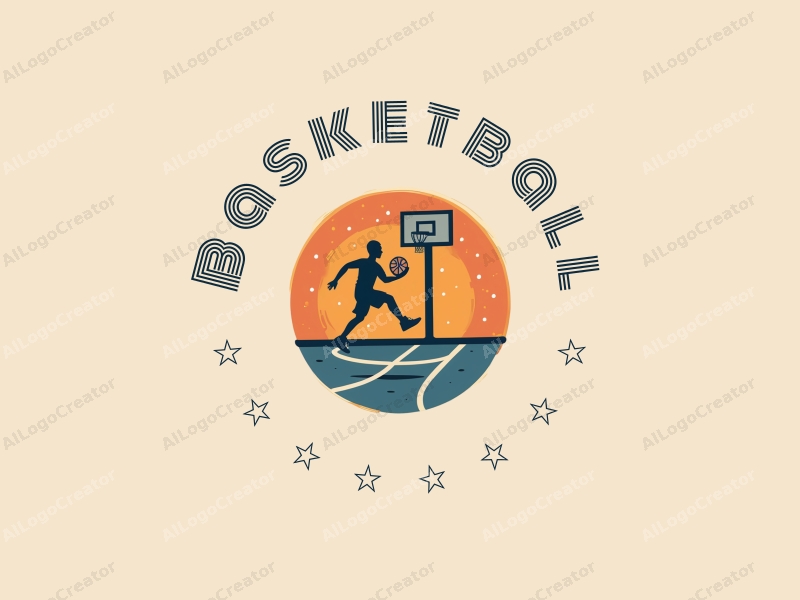 playful design features a stylized basketball, an athlete in motion, and a basketball court background combined with a clean and simple layout.