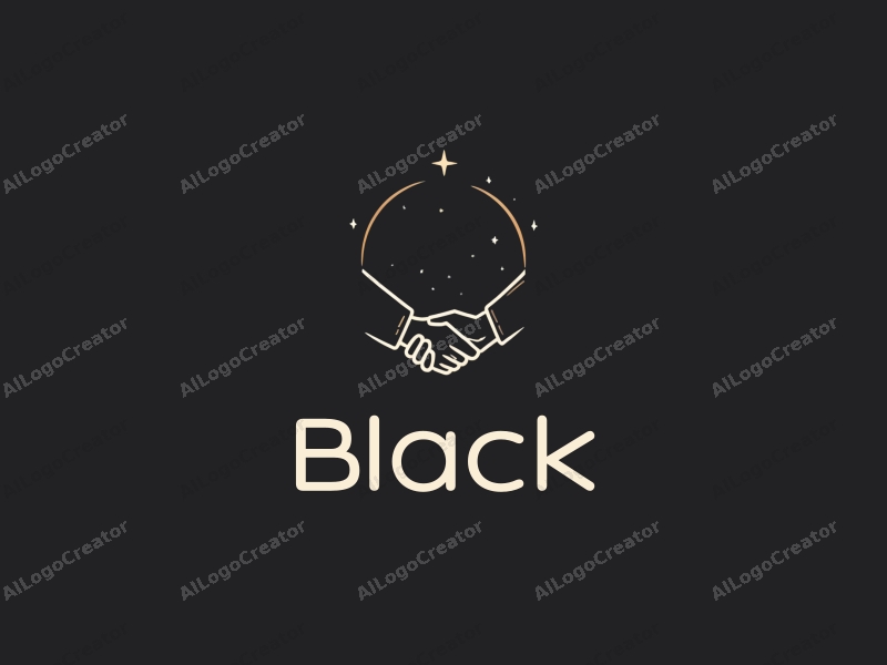 minimalist design features a stylized handshake under a starry night sky, combined with a clean black background.