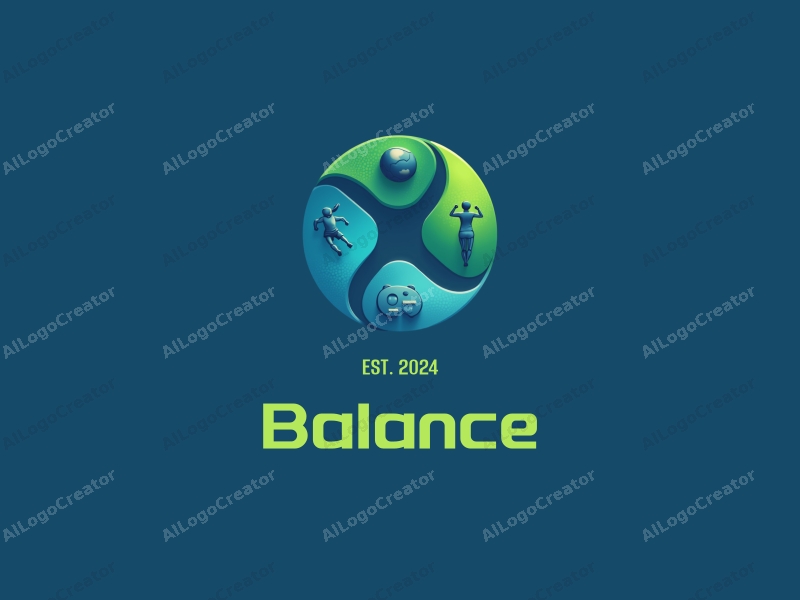 a modern design featuring elements of balance and harmony, incorporating sports and technology motifs, with a clean background in blue and green colors.