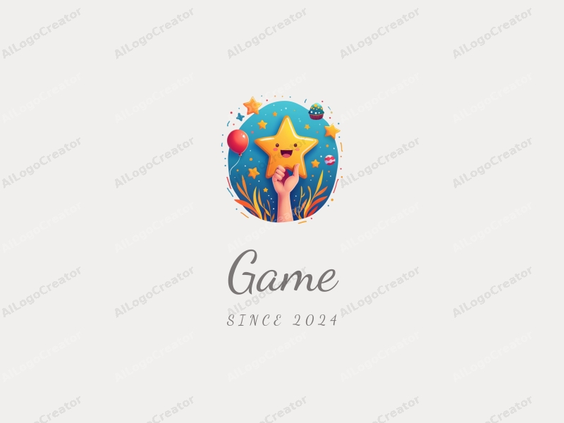 playful design features vibrant colors, a stylized hand holding a star, and elements of games and toys combined with a clean background.