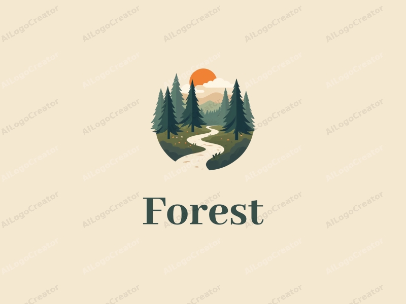 vintage design features a serene forest scene with stylized trees and leaves, a winding pathway, combined with a clean background.