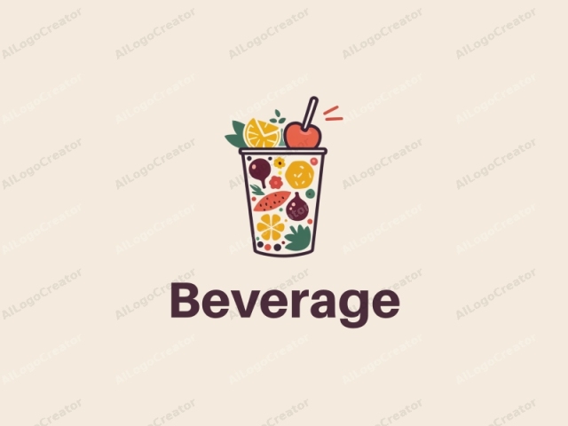 diseño moderno que presenta una taza estilizada llena de jugo colorido, incorporando varios elementos de bebidas, combinados con un fondo limpio.