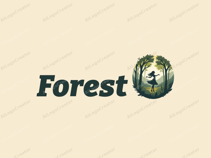 vintage design features lush green trees, a stylized woman gracefully spinning among the forest, combined with a clean and harmonious background.