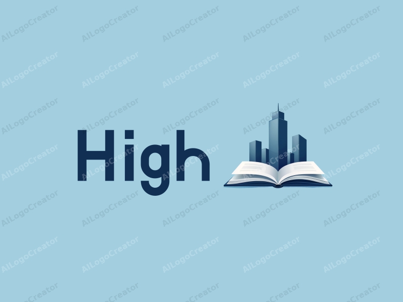 modern design features a towering skyscraper integrated with an open book, showcasing a clean and minimalist approach combined with a blue background.