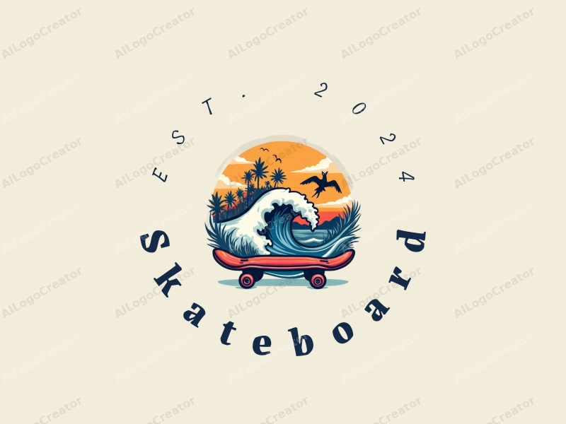 playful design features vibrant skateboards, dynamic surfing waves, and whimsical flying motifs combined with a clean background.