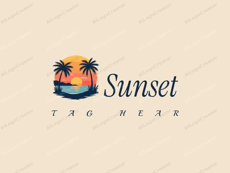 vintage design features a stylized sunset over a serene coastline, with palm trees framing the scene, combined with a clean background.