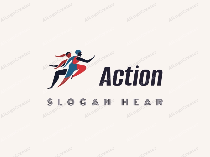 dynamic design features stylized figures in motion, representing sprinting and leaping, with a vibrant color palette of red, blue, and black, combined with a clean background.