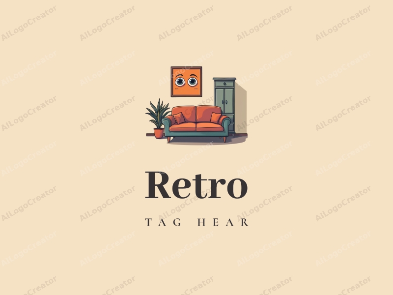 vintage design features a retro sofa and a retro poster, combined with stylized eyes and a cabinet, creating a harmonious and clean composition.