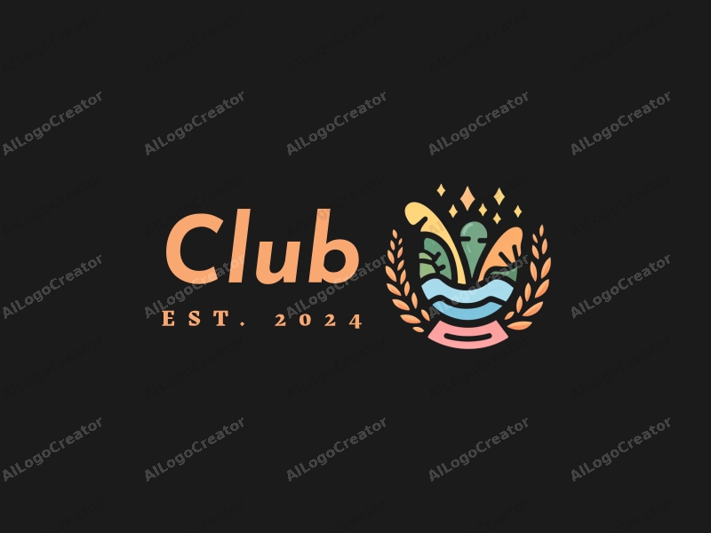 a modern design featuring a stylized club icon, elements representing social interaction, ocean waves, and a playful vibe, combined with a clean black background.