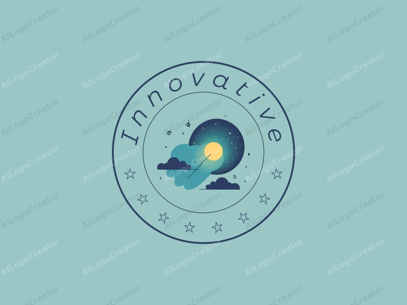 a modern minimalist design featuring abstract representations of innovation and the future, incorporating tags and interstellar motifs, with a harmonious blend of blue and green colors against a clean background.