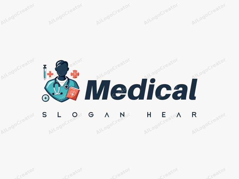 modern design features a stylized hospital silhouette, a doctor figure, a stethoscope, and a syringe, combined with a clean background.