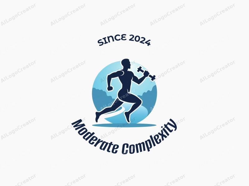 a modern design featuring a stylized runner in motion, integrated with a dumbbell, using a refined approach combined with a clean blue and white background.