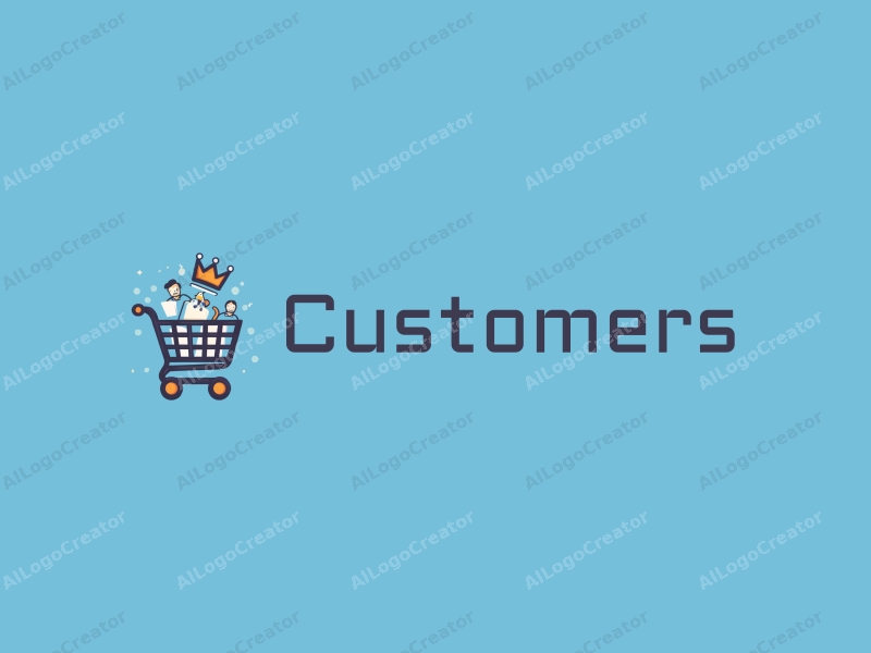 modern design features a stylized shopping cart and crown, combined with abstract representations of customers and shoppers, set against a clean blue background.