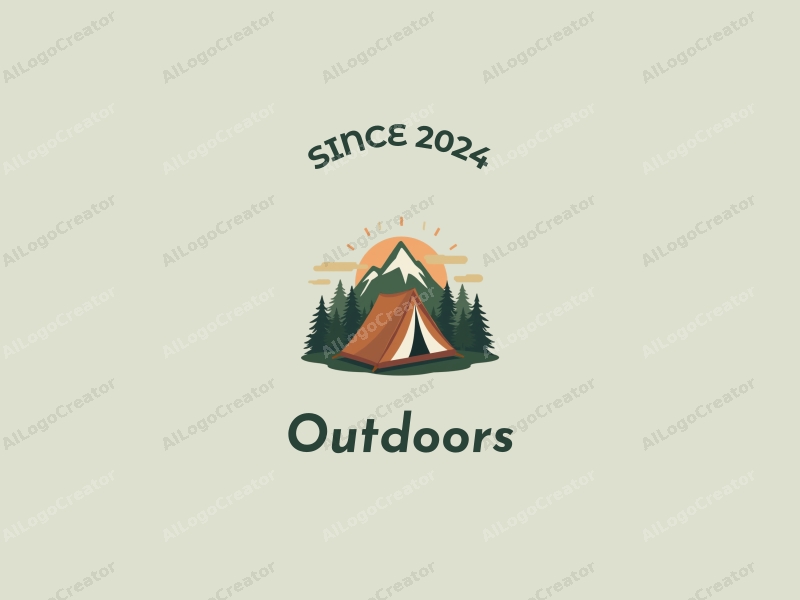 modern design features a stylized camping tent and mountain peak, combined with a clean background and a harmonious composition.