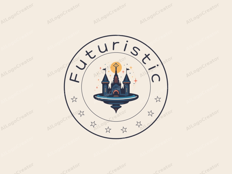 a modern design featuring a flying disc and a stylized castle, incorporating futuristic and innovative elements with a clean background.