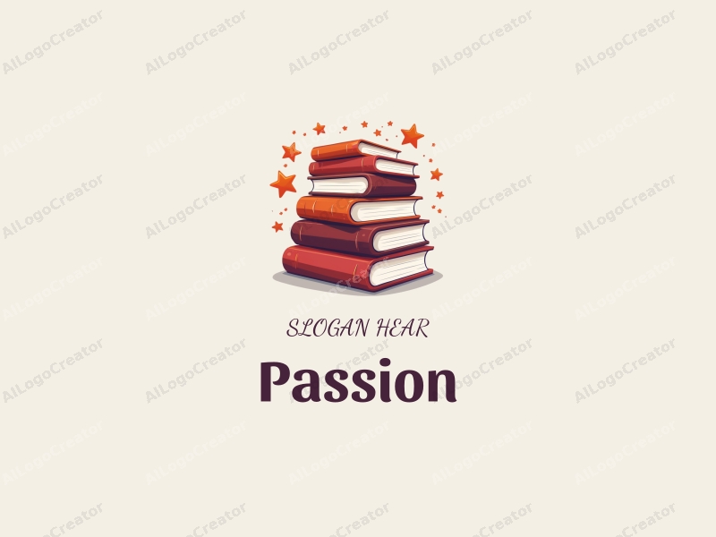 playful design features vibrant red books stacked creatively, with whimsical stars scattered around, creating a sense of passion and enthusiasm, combined with a clean background.