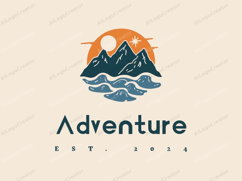 playful design features stylized mountains and waves, incorporating adventure elements like a compass and a backpack, combined with a clean background.