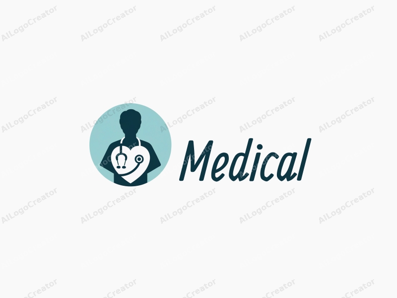 modern design features a stylized hospital silhouette, a doctor figure, a stethoscope intertwined with a heart, combined with a clean background.