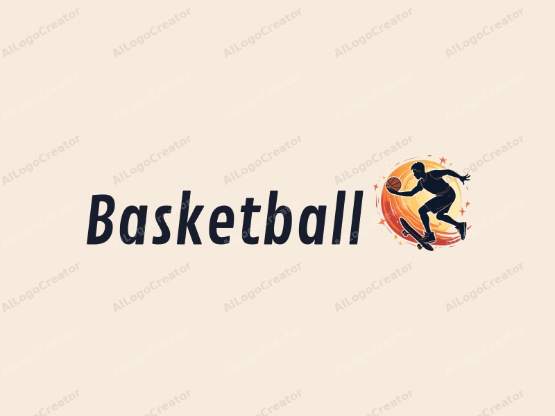 playful design features a dynamic basketball and athlete silhouette, combined with a skateboard and flying elements, all set against a clean background.