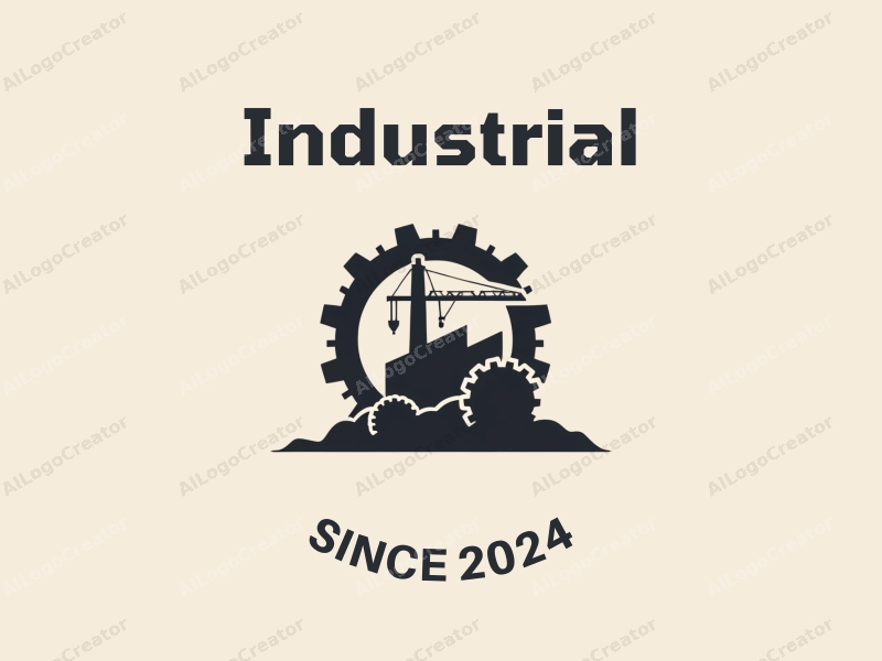 modern design features a stylized factory silhouette, interlocking gears, and a crane, combined with a clean background.