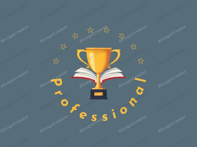 modern design features a stylized book and trophy, symbolizing education and achievement, combined with a clean background and a professional aesthetic.