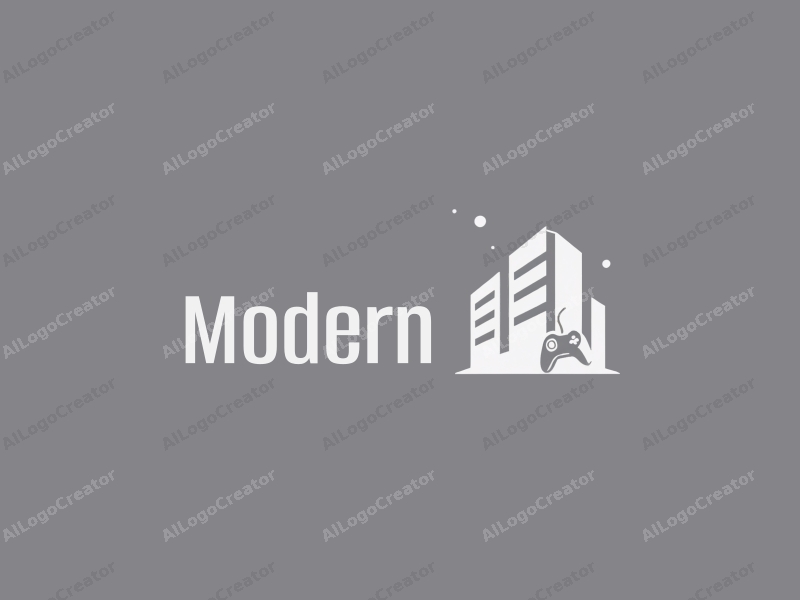 a minimalist design featuring a stylized building silhouette, integrated with abstract computer and gaming elements, using a clean white and gray color palette, emphasizing innovation and simplicity.