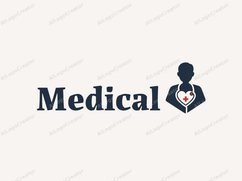 modern design features a stylized hospital silhouette, a doctor figure, a stethoscope intertwined with a heart, combined with a clean background.